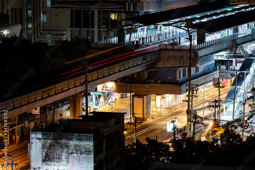 BANGKOK, THAILAND - APRIL 09, 2020 : BTS Onnut station, One of the station in Bangkok BTS skytrain. During the night time in the situation Curfew. Anti-Covid 19