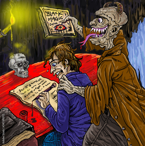 Illustration a man sign the agreement with evil. Hand draws detailed painting illustration.