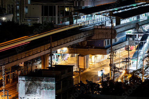 BANGKOK, THAILAND - APRIL 09, 2020 : BTS Onnut station, One of the station in Bangkok BTS skytrain. During the night time in the situation Curfew. Anti-Covid 19