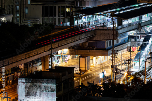 BANGKOK, THAILAND - APRIL 09, 2020 : BTS Onnut station, One of the station in Bangkok BTS skytrain. During the night time in the situation Curfew. Anti-Covid 19 © kowitstockphoto