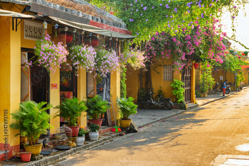 Colorful morning view of cozy street decorated with flowers