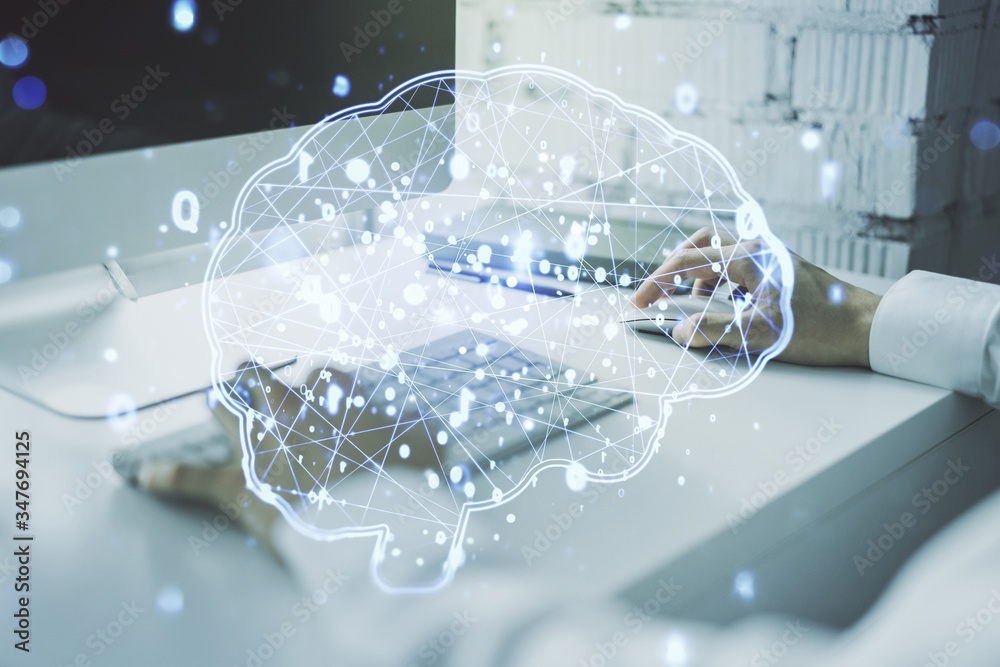 Creative artificial Intelligence concept with human brain hologram and hands typing on laptop on background. Multiexposure