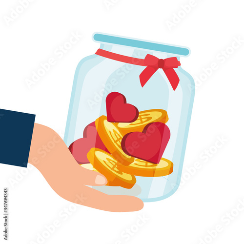 charity donation jar with hearts and coins