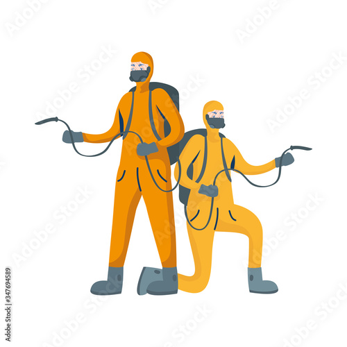 men cleaners with biosafety suits characters