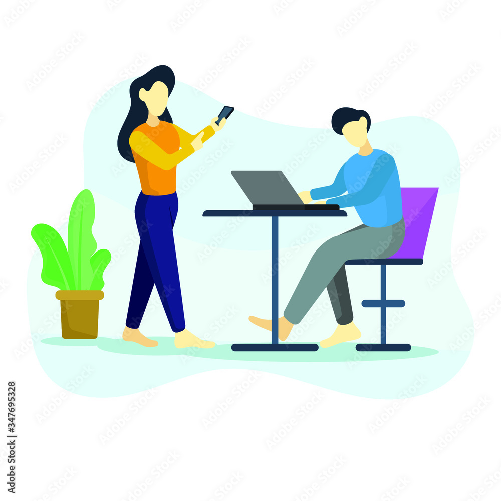 man and woman read news by smartphone and laptop in caffe or living room flat illustration, use for  illustration news or landing page