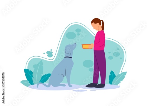 Flat illustration of a little girl standing up wanting to feed her beloved dog. Friendship between a little girl and a dog. Quarantine activities at home.