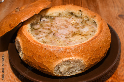 White Barszcz Zurek (Sour Bread Soup): Żur (Polish: żur, żurek) is a soup soured rye flour and meat photo