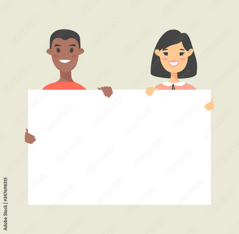 Male and female characters with board. Cartoon style people icons. Isolated guys avatars. Flat illustration men and women faces. Hand drawn vector drawing girls and boys portraits Male and female characters with board. Cartoon style people icons. Isolated guys avatars. Flat illustration men and women faces. Hand drawn vector drawing girls and boys portraits
