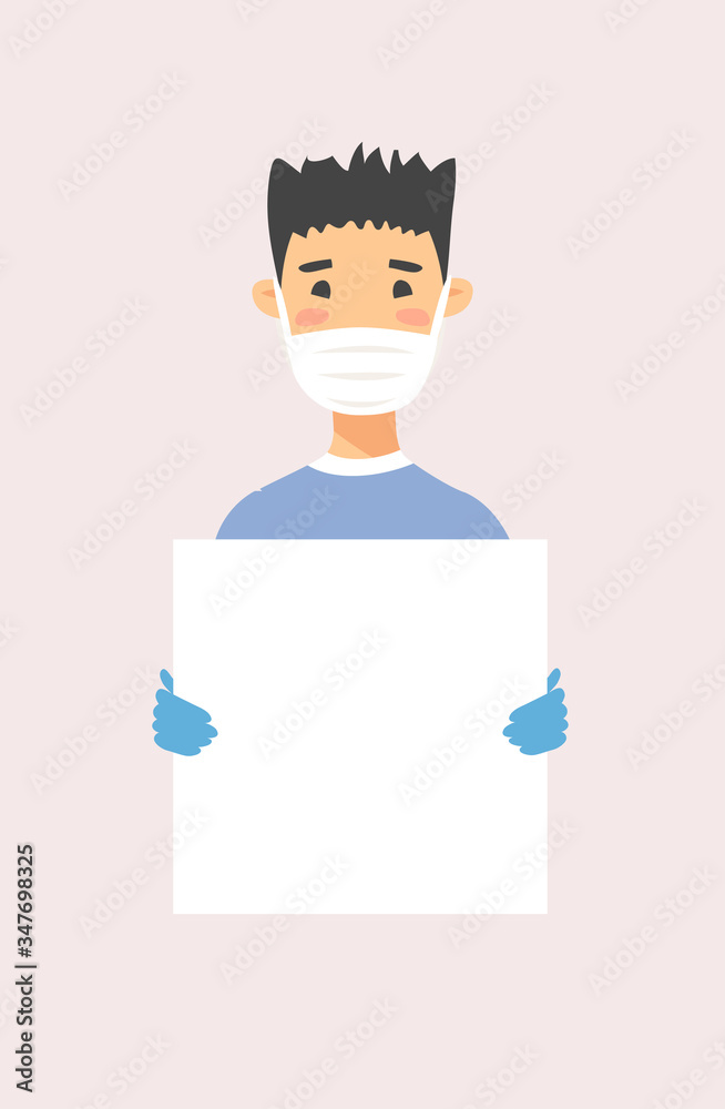 Male and female character with board. Cartoon masked people in gloves. Isolated avatar. Flat illustration protected men and women face. Hand drawn vector drawing safe girl and boy portrait Male and female character with board. Cartoon masked people in gloves. Isolated avatar. Flat illustration protected men and women face. Hand drawn vector drawing safe girl and boy portrait