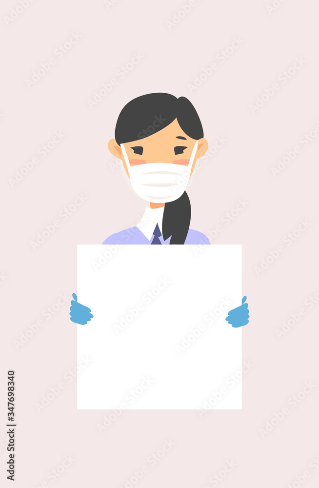Male and female character with board. Cartoon masked people in gloves. Isolated avatar. Flat illustration protected men and women face. Hand drawn vector drawing safe girl and boy portrait Male and female character with board. Cartoon masked people in gloves. Isolated avatar. Flat illustration protected men and women face. Hand drawn vector drawing safe girl and boy portrait