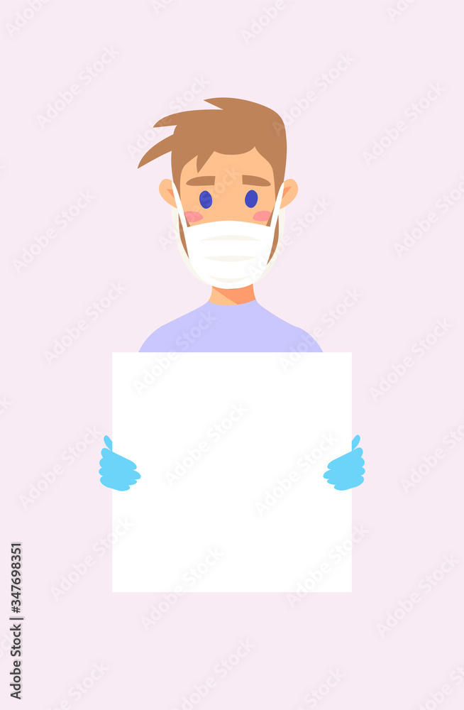 Male and female character with board. Cartoon masked people in gloves. Isolated avatar. Flat illustration protected men and women face. Hand drawn vector drawing safe girl and boy portrait