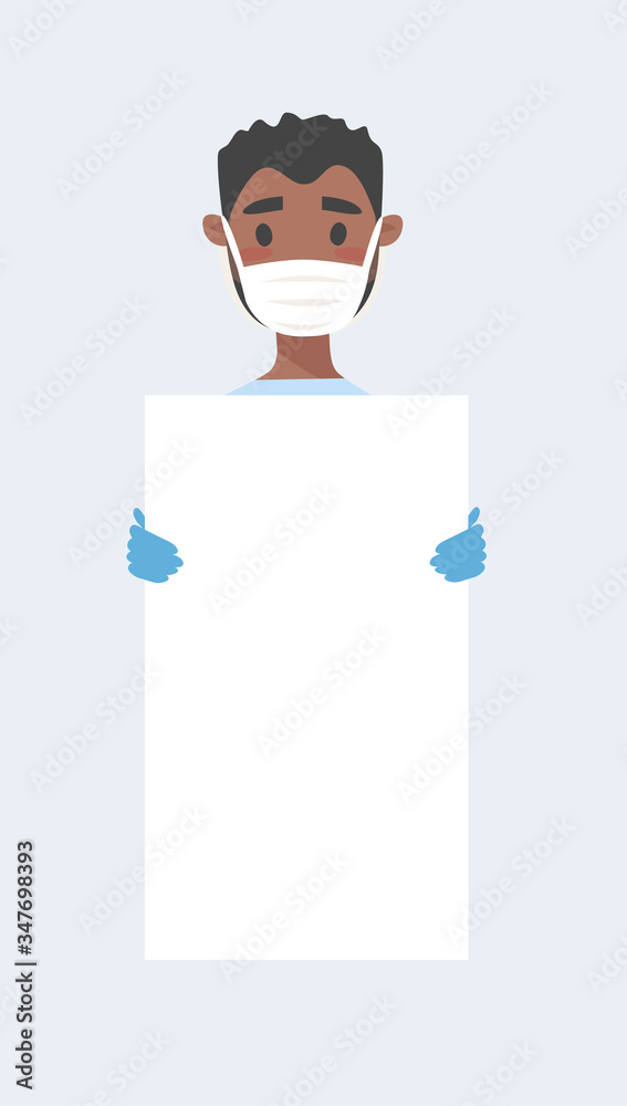 Male and female character with board. Cartoon masked people in gloves. Isolated avatar. Flat illustration protected men and women face. Hand drawn vector drawing safe girl and boy portrait Male and female character with board. Cartoon masked people in gloves. Isolated avatar. Flat illustration protected men and women face. Hand drawn vector drawing safe girl and boy portrait