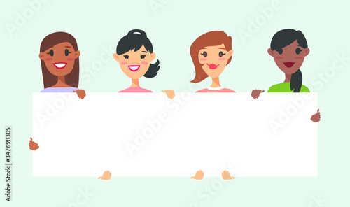 Male and female characters with board. Cartoon style people icons. Isolated guys avatars. Flat illustration men and women faces. Hand drawn vector drawing girls and boys portraits