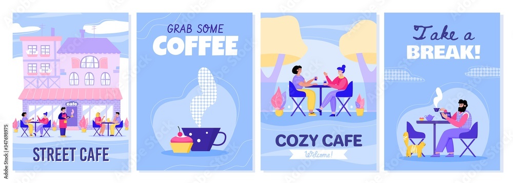 Cards or banners set with people drink coffee flat cartoon vector illustration.