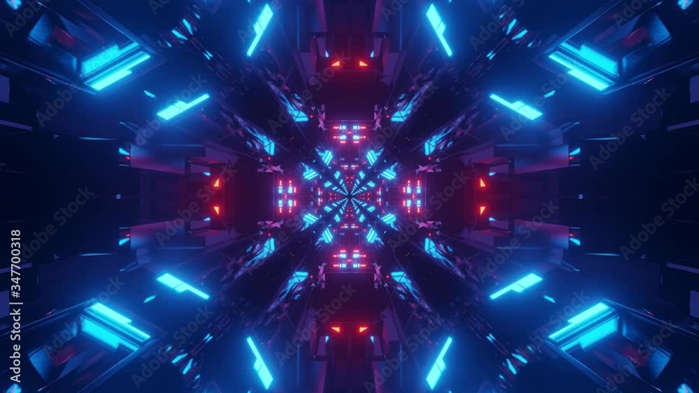 Fractal animation of colorful illuminated shapes and patterns emitting from the center. Motion graphics, Animation. VJ loops.