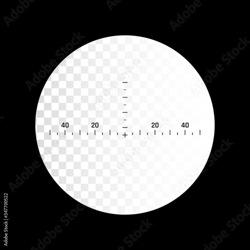 Sniper gun scope. Optical zoom in binocular with measuring scale. Focus on target. Vector illustration