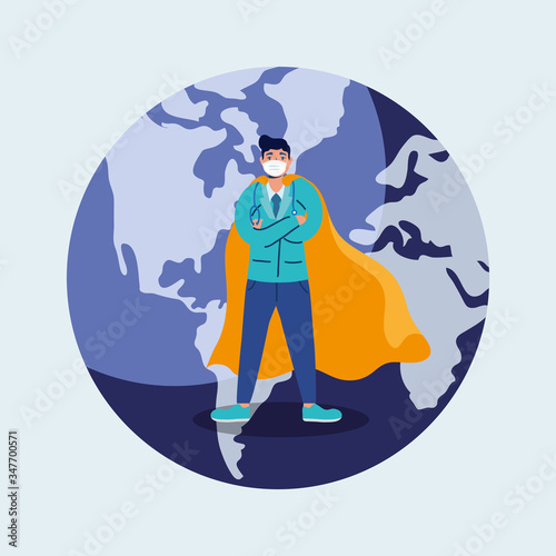 doctor hero with face mask in earth planet