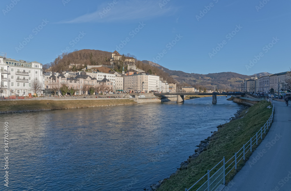 Panoramic view of Salzburg Austria on sunny winter day.