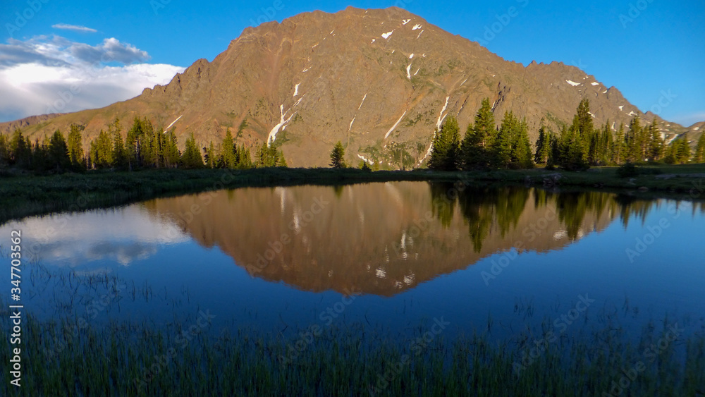 High mountain lake reflecting jagged peaks