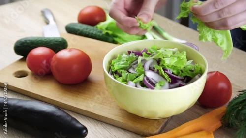 Wallpaper Mural Woman cooking vegeterian salad. Green Raw organic vegetables. Vegan diet and vegetarian food concept. Torontodigital.ca