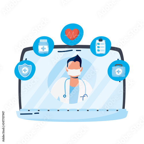 professional doctor with stethoscope in laptop