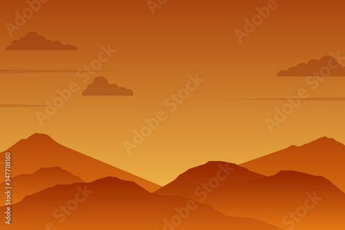 Mountain landscape illustration in sunset time. Mountains silhouette vector in orange color suitable for background 