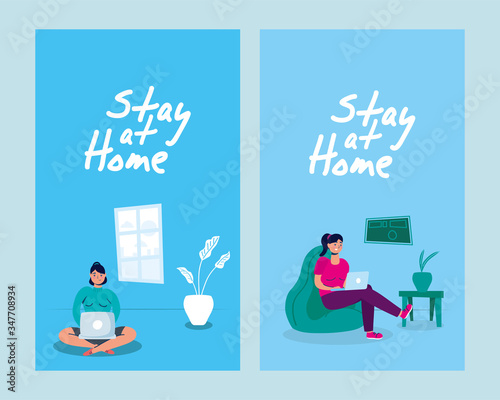 women using laptop in sofa stay at home campaign