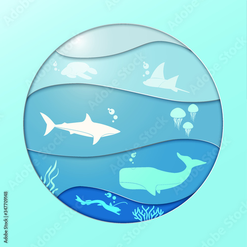 Vector Illsustration of ocean  with turtle, sting ray, shark, jelly fish, sperm whale, and viper fish. Suitable for world ocean day