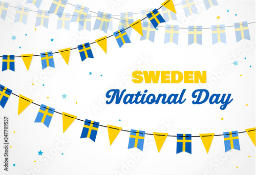 National Day of Sweden, independence day. Vector banner background with bunting of Swedish flags. Background for greeting Card, Poster, Web Banner Design