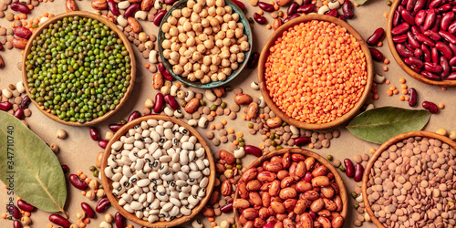 Legumes assortment, a flat lay panorama on a brown background. Lentils, soybeans, chickpeas, red kidney beans, a vatiety of pulses