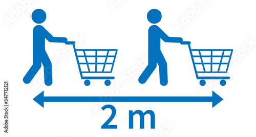 Warning to keep distance in line at the supermarket.  2 meters distance. Social distancing in line. Blue isolated symbols on a white background