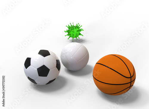 3D rendering of sport event cancellation. Coronavirus impact football  basketball  volleyball and other sports. Cancellation of football matches concept.  Stadium event canceled due to coronavirus. 
