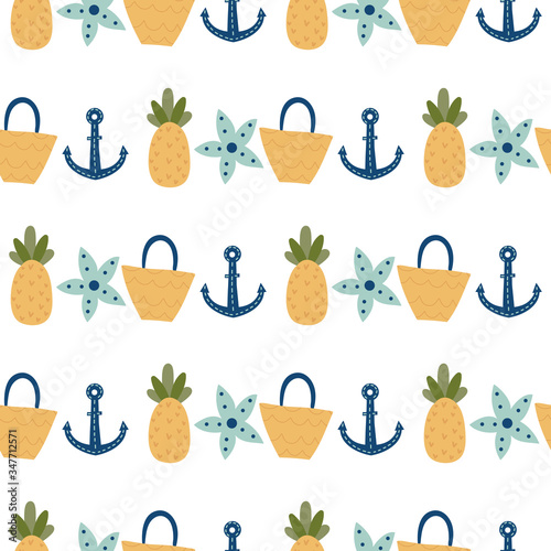 Sea anchors, summer bags and pineapples  hand drawn seamless vector fill. Cute childish drawing. Baby wrapping paper, textile, vector illustration