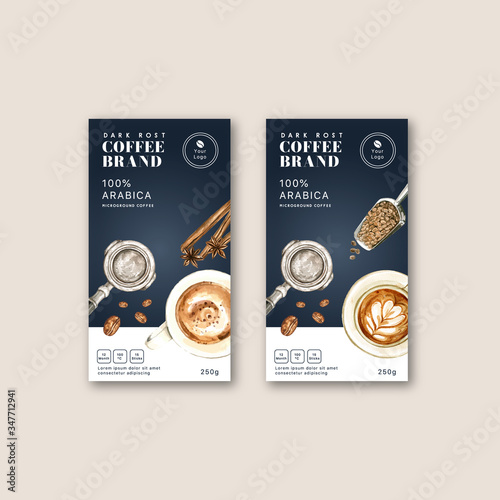 coffee packaging bag design with coffee cup americano, design, watercolor illustration