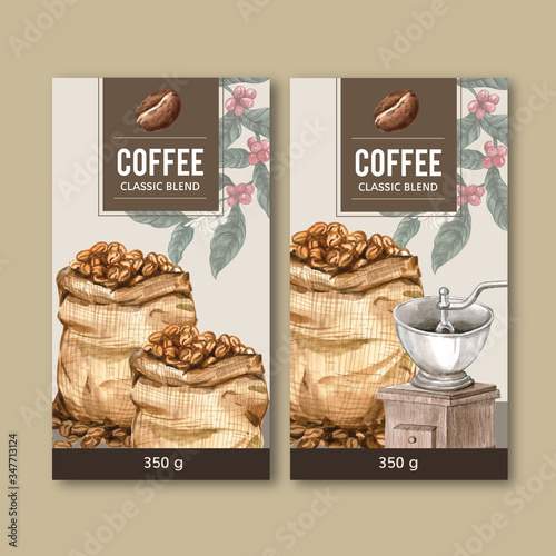 coffee packaging bag design with branch leaves bean, maker machine,watercolor illustration