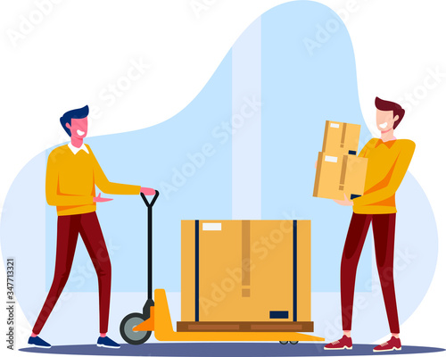 The warehouse worker works with a hand lift lifting and lowering the box. Modern flat style vector illustration design on a white background for a website or landing page