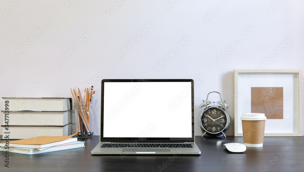 Workspace desk and laptop. copy space and blank screen. Business image, Blank screen laptop and supplies. Workspace desk and laptop. copy space and blank screen. Business image, Blank screen laptop and supplies.