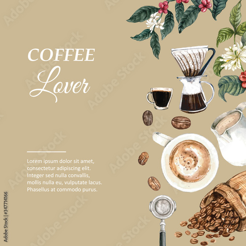 coffee arabica beans bag with coffee cup americano, cinnamon coffee maker watercolor illustration