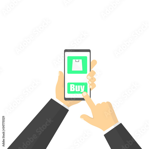 Hand holding smart phone and touch buy botton.