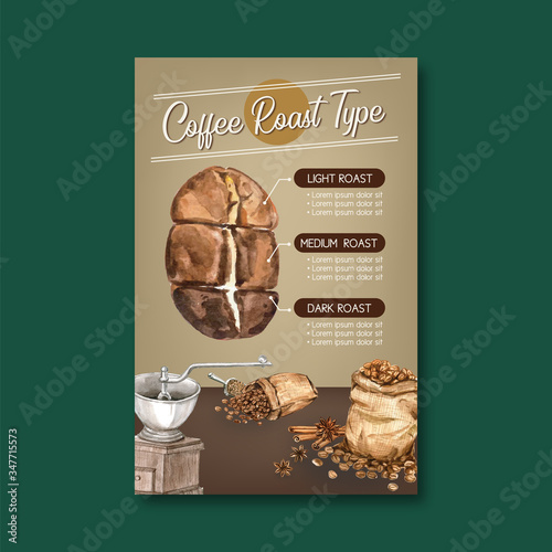 coffee arabica roast beans burn with bag. coffee maker, infographic design watercolor illustration