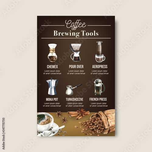 coffee arabica roast beans burn with bag. coffee maker, infographic design watercolor illustration