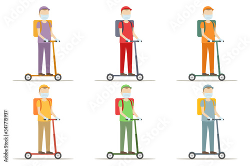 Deliveryman in face mask riding on kick scooter. Vector illustration.