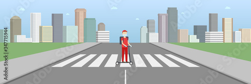 Courier in face mask riding on kick scooter. Food delivery. Vector illustration.