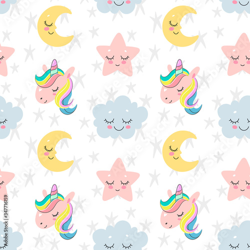 Cute seamless pattern with sleeping moon  cloud  star and unicorn dreams