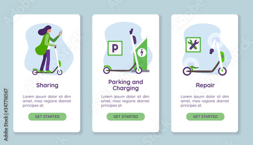Step screens instructions for renting public eco electric scooter. Kick scooter sharing. Charging and parking. Repair after breakdown, accident. Mobile application screens. Vector templates for site.