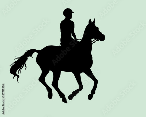 girl rides a horse at a gallop  children s equestrian sport  isolated black silhouette on a green background