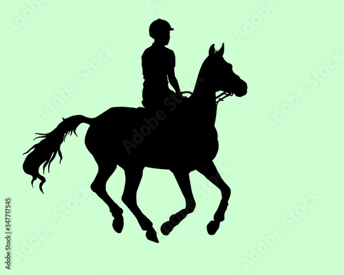 girl rides a horse at a gallop, children's equestrian sport, isolated black silhouette on a green background