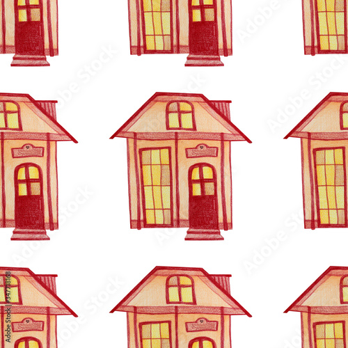Seamless pattern with red and orange hand-drawn colored pencils house with window isolated on white background art creative children textile or wrapping