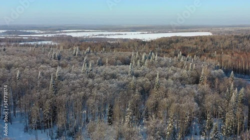 Aerial video view of chern taiga on Salair Ridge in winter. photo