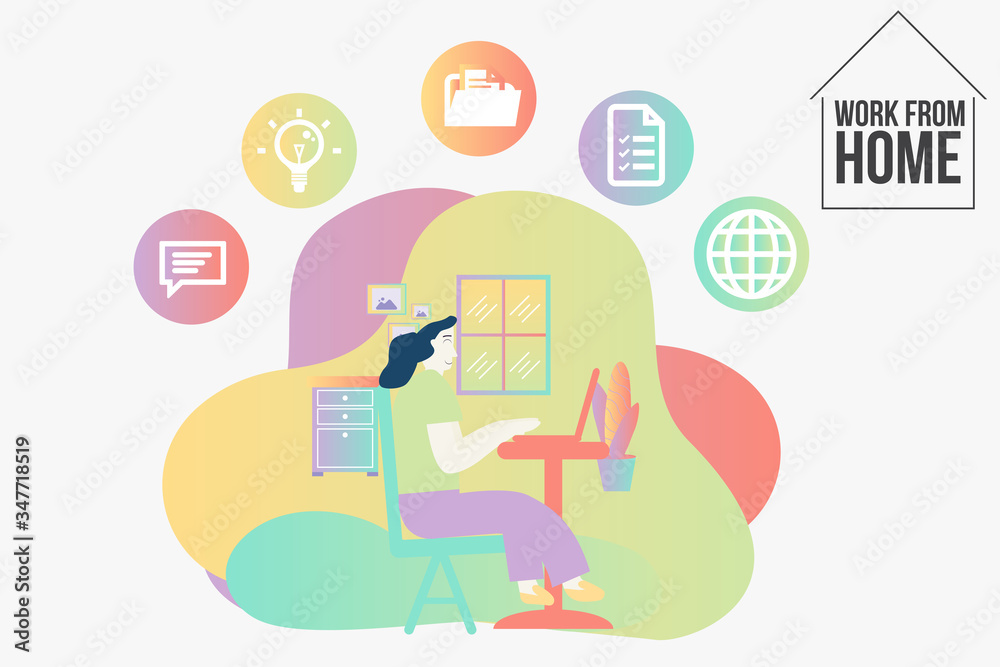 Business woman working at home with business icons. Character Sitting at Desk in Room, Looking at Computer Screen. A lot of work, overworked, stress, office routine concept. Isolated stock vector. Business woman working at home with business icons. Character Sitting at Desk in Room, Looking at Computer Screen. A lot of work, overworked, stress, office routine concept. Isolated stock vector.